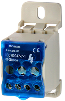 DISTRIBUTION BLOCKS E.SN.PRO. 80 FOR DIN-RAIL, 80A (INPUT 1*6,,,16 MM²/OUTPUT 4*2,5...6, 2*2,5...16 MM²)
