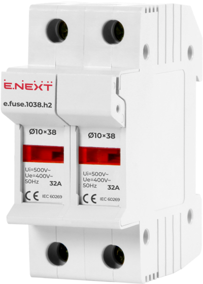 ДЪРЖАЧ ЗА ПРЕДПАЗИТЕЛ ЗА DIN ШИНА E.FUSE.1038.H2, ЗА СТОПЯЕМИ ПРЕДПАЗИТЕЛИ 10Х38, 2Р, 32А