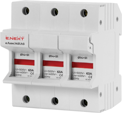 ДЪРЖАЧ ЗА ПРЕДПАЗИТЕЛ ЗА DIN ШИНА E.FUSE.1451.H3,ЗА СТОПЯЕМИ ПРЕДПАЗИТЕЛИ 14Х51, 3Р, 63А