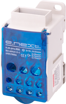 DISTRIBUTION BLOCKS E.SN.PRO.500 FOR DIN-RAIL, 500A (INPUT 1*3X15...24 MM² /OUTPUT 2*6...35, 5*2.5...16, 4*2.5...10 MM²