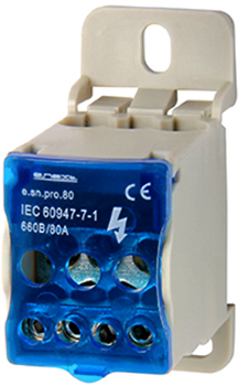 DISTRIBUTION BLOCKS E.SN.PRO. 80 FOR DIN-RAIL, 80A (INPUT 1*6,,,16 MM²/OUTPUT 4*2,5...6, 2*2,5...16 MM²)