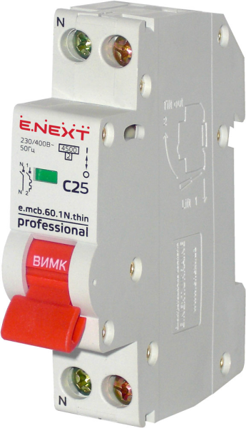 MODULAR AUTOMATIC CIRCUIT BREAKER E.MCB.PRO.60.1N.C25.THIN, 1P+N, 25A, C, 4.5KA