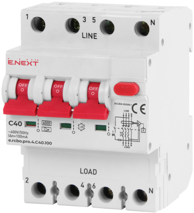 ДЕФЕКТНОТОКОВА ЗАЩИТА ДТЗ СЪС ЗАЩИТА ОТ СВРЪХТОКОВЕ E.RCBO.PRO.4.C32.100, 3P+N, 32A, C, тип A, 100mA