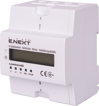 Contor de electricitate trifazat 10(100)A pe șină DIN E.NEXT