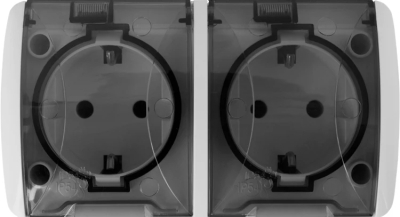 Priză dublă e.aqua.1232.grt cu contact de protecție (schuko), pentru instalare în exterior, IP54, albă cu capac transparent, 16A 230V