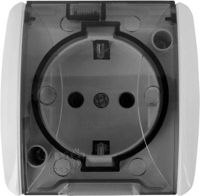 Priză simplă e.aqua.1231.grt cu contact de protecție (schuko), pentru instalare în exterior, IP54, albă cu capac transparent, 16A 230V