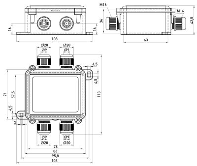 Waterproof distribution box e.wdb.cnp725.4t.b, 108×111×42 mm, IP68, with terminal block, E.NEXT