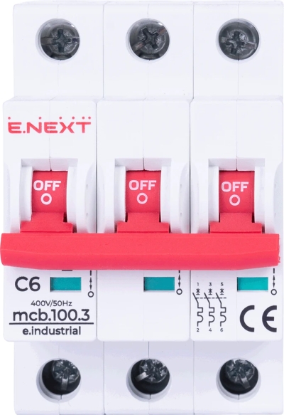 МОДУЛЕН АВТОМАТИЧЕН ПРЕКЪСВАЧ E.INDUSTRIAL.MCB.100.3.C6, 3 Р, 6А, C, 10KА E.NEXT