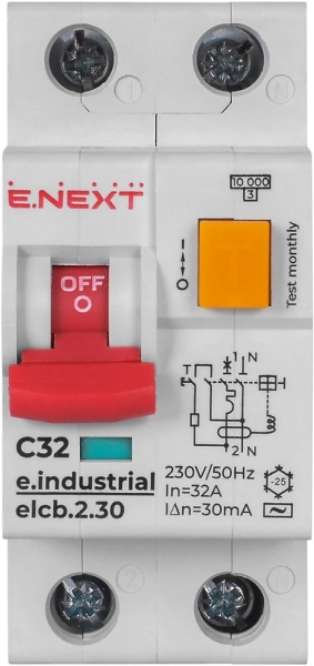 PROTECȚIE LA CUTREMURE CU PROTECȚIE LA SUPRASURENT E.INDUSTRIAL.ELCB.2.C32.30, 2P, 32A, C, 30MA E.NEXT