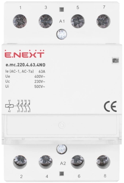 CONTACTOR MODULAR E.MC.220.4.63.4NO, 4P, 63A, 4NO, 220V E.NEXT