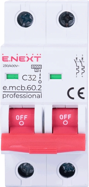 MODULARER LEISTUNGSSCHALTER E.MCB.PRO.60.2.C 32 NEU, 2P, 32A, C, 6KA NEU E.NEXT
