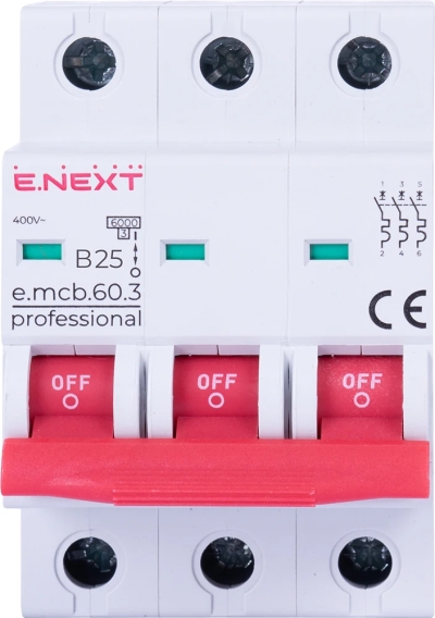 ÎNTRERUPTOR MODULAR E.MCB.PRO.60.3.B 25 NOU, 3P, 25A, INTRARE, 6KA, NOU E.NEXT