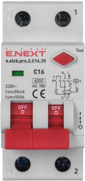 ДЕФЕКТНОТОКОВА ЗАЩИТА ДТЗ СЪС ЗАЩИТА ОТ СВРЪХТОКОВЕ E.ELCB.PRO.2.C16.30, 2P, 16А, C, 30MA, С РАЗДЕЛЕНА ДРЪЖKA E.NEXT
