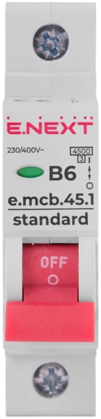 MODULAR CIRCUIT BREAKER E.MCB.STAND.45.1.B6, 1P, 6A, B, 4.5 KA E.NEXT