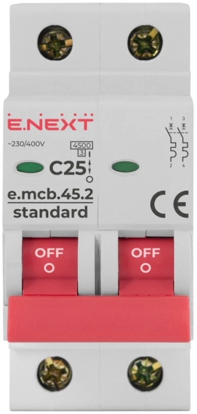 MODULAR CIRCUIT BREAKER E.MCB.STAND.45.2.C25, 2P, 25A, C, 4.5 KA E.NEXT