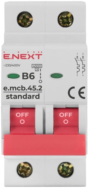 ÎNTRERUPTOR AUTOMAT MODULAR E.MCB.STAND.45.2.B6, 2P, 6A, B, 4.5 KA E.NEXT
