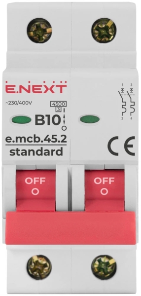 ÎNTRERUPTOR AUTOMAT MODULAR E.MCB.STAND.45.2.B10, 2P, 10A, B, 4.5 KA E.NEXT