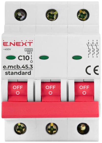 MODULAR CIRCUIT BREAKER E.MCB.STAND.45.3.C10, 3P, 10A, C, 4.5 KA E.NEXT
