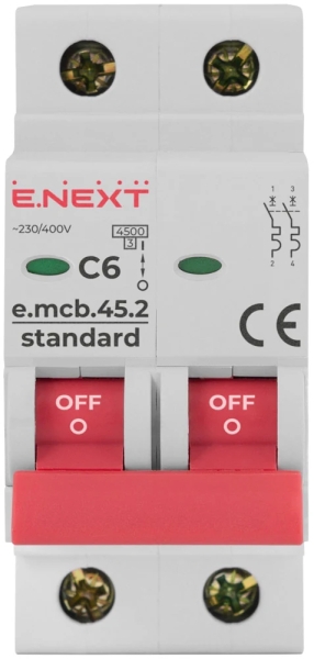 ÎNTRERUPTOR AUTOMAT MODULAR E.MCB.STAND.45.2.C6, 2P, 6A, C, 4.5 KA E.NEXT