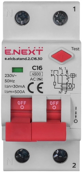 EARTHQUAKE CIRCUIT BREAKER WITH OVERCURRENT PROTECTION E.ELCB.STAND.2.C16.30, 2P, 16A, C, 30MA WITH SPLIT HANDLE E.NEXT