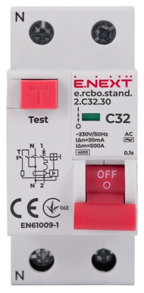 STROMSCHUTZ MIT ÜBERSTROMSCHUTZ E.RCBO.STAND.2.C32.30, 1P+N, 32A, C, 30MA E.NEXT