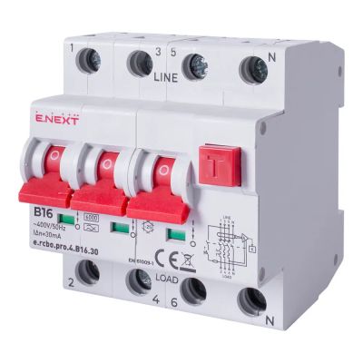 Protecție la curent rezidual RCD cu protecție la supracurent e.rcbo.pro.4.B16.30, 3P+N, 16A, B, tip A, 30mA E.NEXT